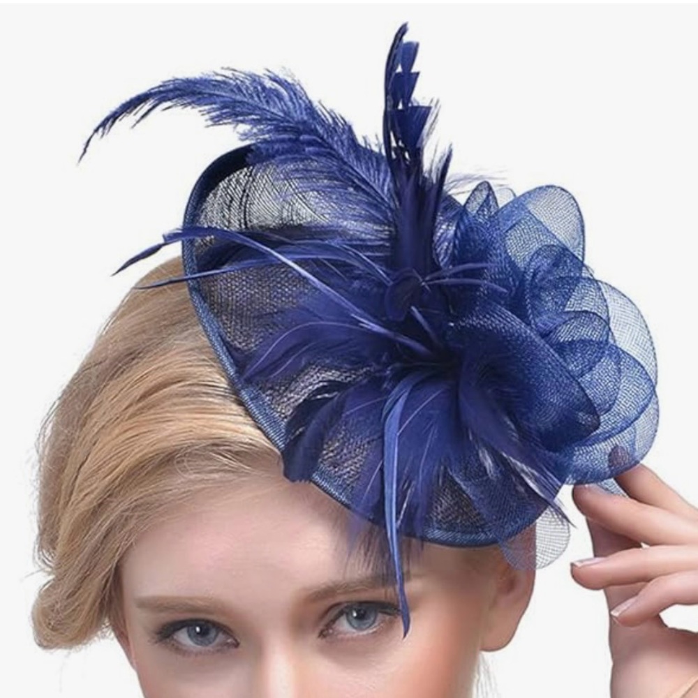 Navy Blue Feather Fascinator Party Hat